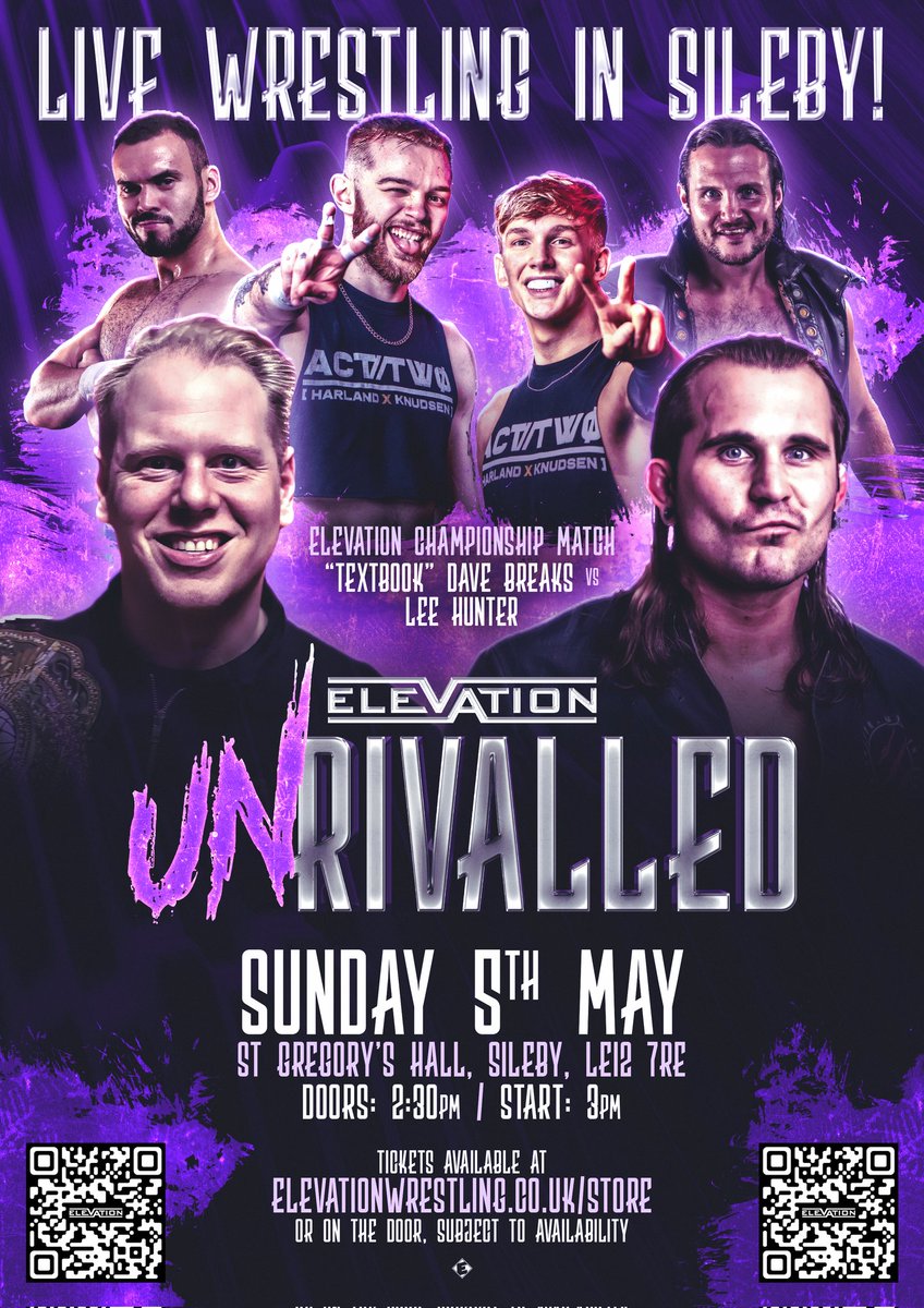 OUR NEXT 3 EVENTS! #RT

Sun 21st April - Arrival - Mountsorrel Working Men's Club
🚪 2.30pm 🔔 3pm

Sun 28th April - Golden Opportunity - Coalville Labour Club
🚪 2.30pm 🔔 3pm

Sun 5th May - UnRivalled - St Gregorys Hall Sileby
🚪 2.30pm 🔔 3pm

🎟 
elevationwrestling.co.uk/store