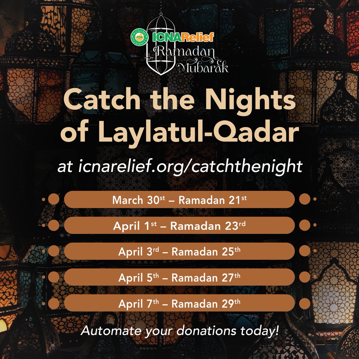 This Ramadan, you can schedule your donations for the last 10 nights of Ramadan, ensuring you automatically contribute on the nights of Laylatul Qadr. Catch the night and automate your donations at icnarelief.org/catchthenight
