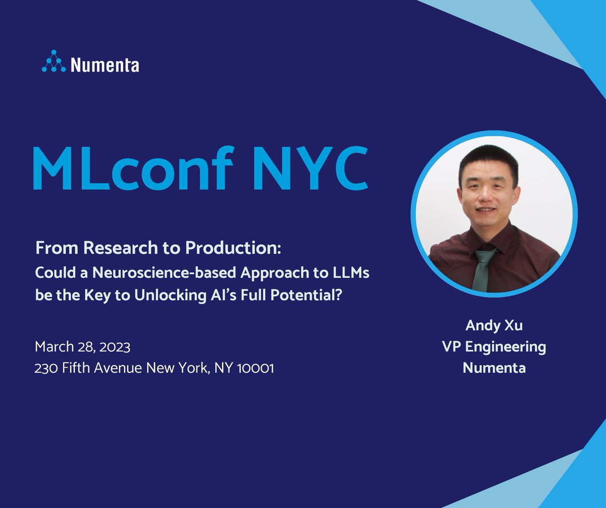 Numenta's tweet photo. Could a neuroscience-based approach unlock AI's full potential?
Join us on Mar 28th at #MLconf in New York City to learn more about how Numenta is translating its neuroscience research to LLMs in production today.
Learn more: https://t.co/WHK6bsXIOR https://t.co/1c0C46iaqb