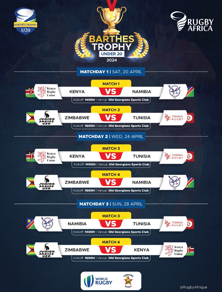 The Barthes Trophy is on!

Here are the fixtures!

#Rugby #SinBinRugby #KenyaU20 #BarthesTrophy