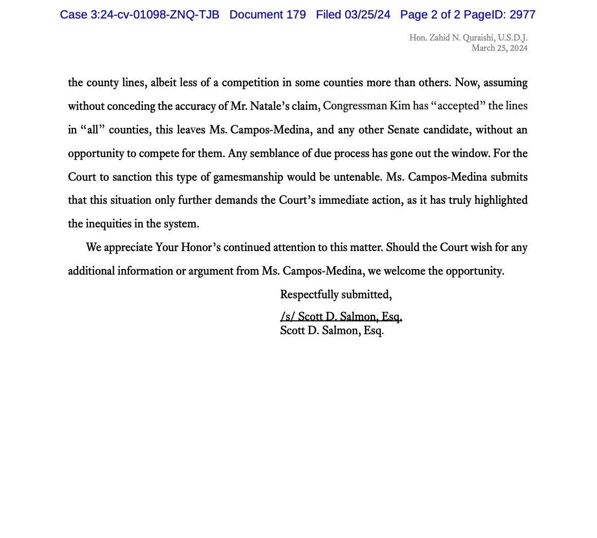 Update on @AndyKimNJ anti-line lawsuit: An attorney for Sen candidate @DrCamposMedina says the line is unconstitutional and @TammyMurphyNJ dropping out of race does not change that. “If a statute was unconstitutional yesterday, it is still unconstitutional today,' filing says.