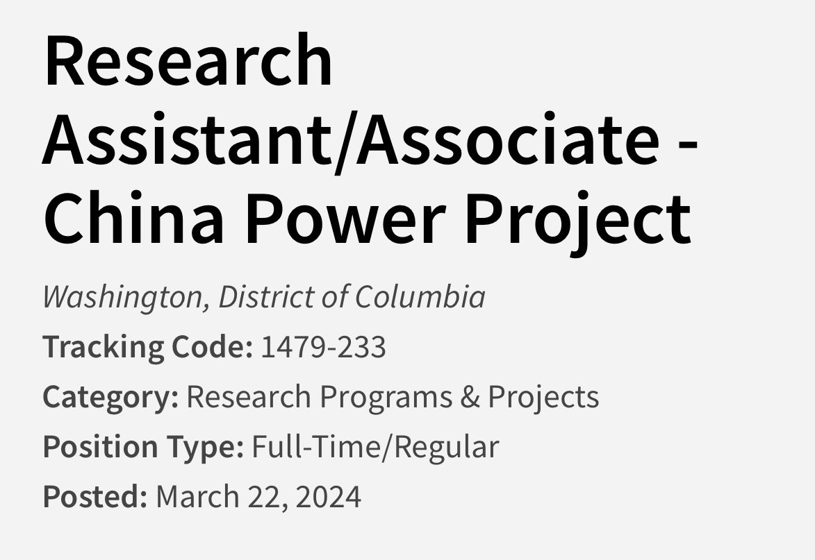 JOB OPENING: Come work with me! We’re hiring a new Research Assistant/Associate to support the work of @ChinaPowerCSIS. Apply here: careers.csis.org/opportunities/…