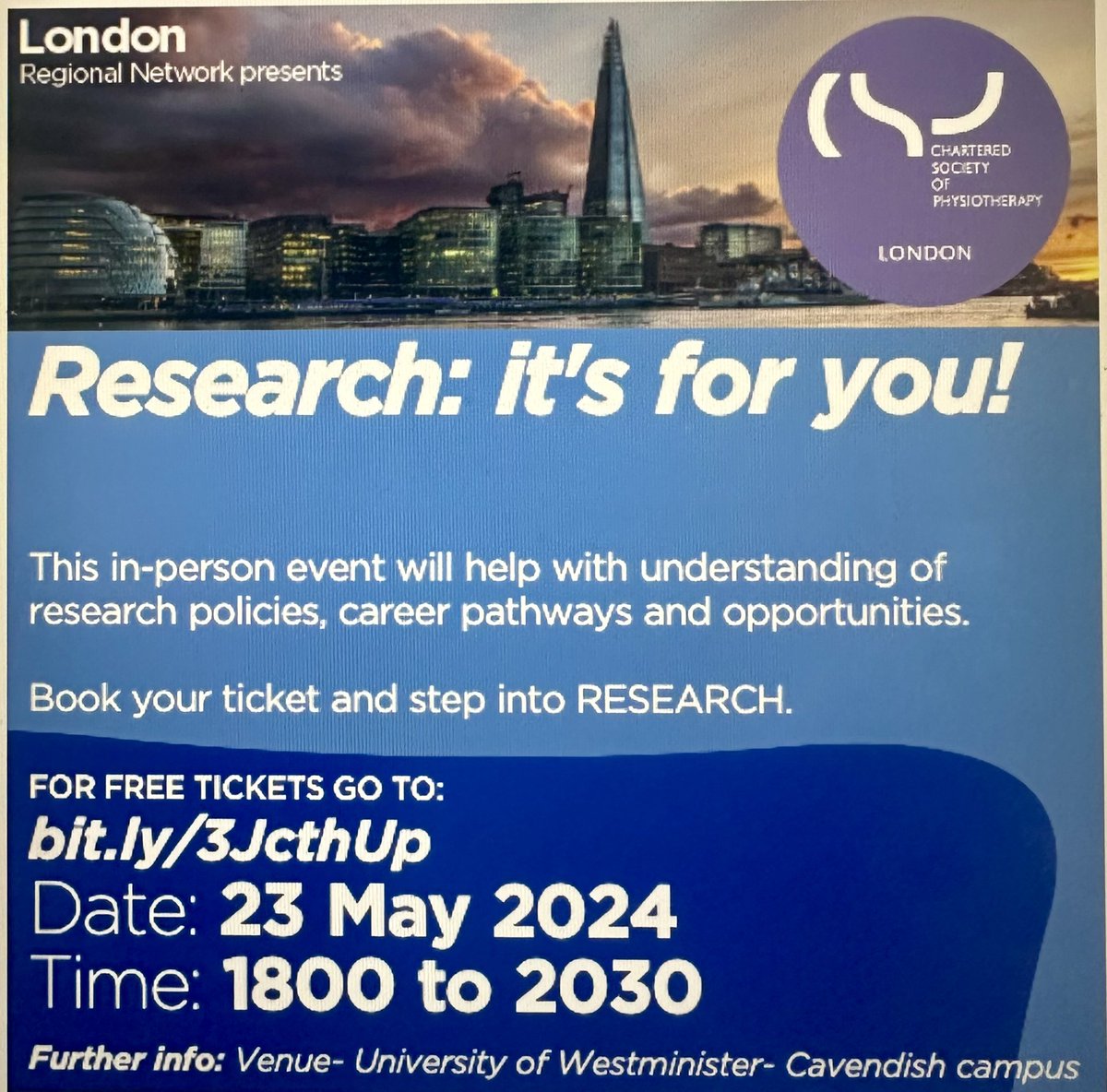 The CSP London Regional Network (@csplondonregion) on Twitter photo 🥁As we announce our first event of #2024
“Research it’s for you “🫵
🗓️Save the date 23rd May 1800-2030
👀Watch the space for more details
📲Register
researchitsforyou.eventbrite.co.uk
<a href="/whittle_physio/">Chris Whittle</a> <a href="/physio_sam/">Sam</a> <a href="/thecsp/">Chartered Society of Physiotherapy (CSP)</a>
<a href="/CChappellCSP/">Catherine Chappell</a> <a href="/ClaireFordham5/">Claire Fordham (she/her)</a> <a href="/GoppyKemila/">Kemila Goppy</a> +others 🥁As we announce our first event of #2024
“Research it’s for you “🫵
🗓️Save the date 23rd May 1800-2030
👀Watch the space for more details
📲Register
researchitsforyou.eventbrite.co.uk
<a href="/whittle_physio/">Chris Whittle</a> <a href="/physio_sam/">Sam</a> <a href="/thecsp/">Chartered Society of Physiotherapy (CSP)</a>
<a href="/CChappellCSP/">Catherine Chappell</a> <a href="/ClaireFordham5/">Claire Fordham (she/her)</a> <a href="/GoppyKemila/">Kemila Goppy</a> +others