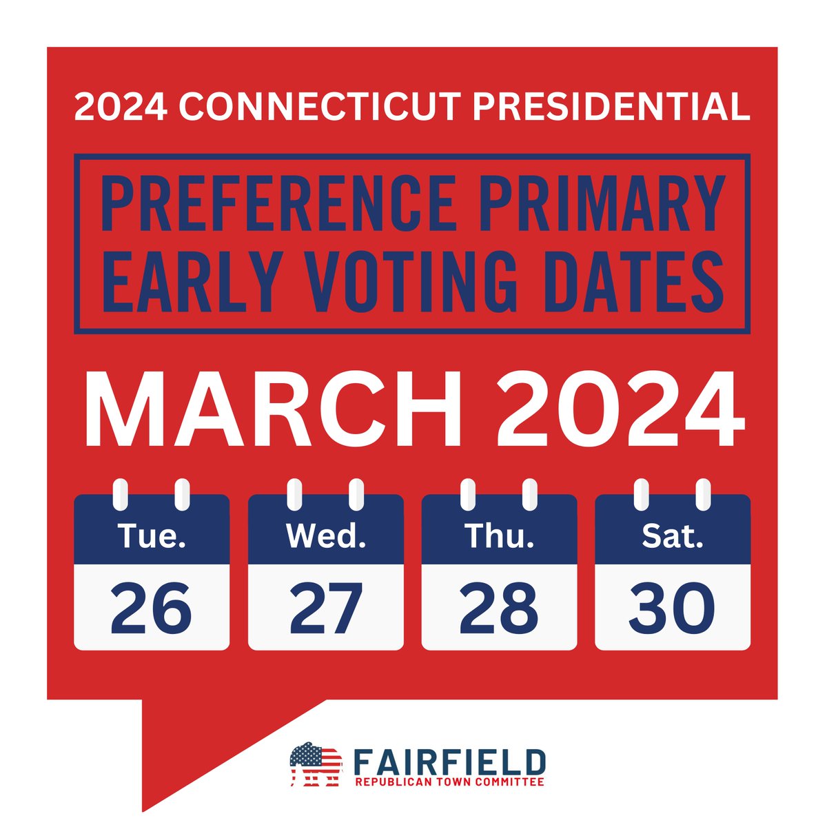 #FairfieldCT: Early voting for #CT’s Presidential Preference primary starts TOMORROW at Old Town Hall (2nd Floor), 611 Old Post Road, Fairfield, CT 06824.

Early voting will be available from 10 AM - 6 PM on Tue., 3/26, Wed., 3/27, Thu., 3/28, and Sat., 3/30. Make a plan to vote!