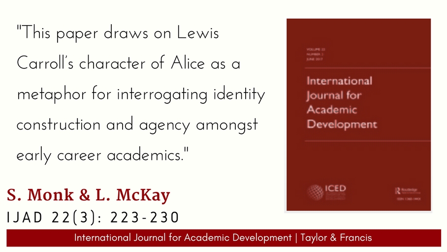 'Developing identity and agency as an early career academic: lessons from Alice', by Sue Monk & Loraine McKay, IJAD 22(3), 2017 - doi.org/10.1080/136014…