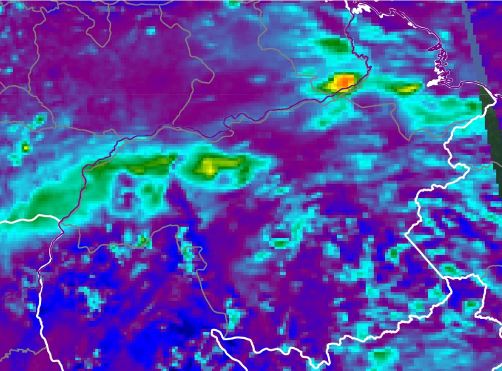 Our real time fire monitoring app picking up major fires on border of Venezuela Amazon Yellow-Red = High aerosol emissions (smoke) associated with major fires @SOSOrinoco,@VE360_