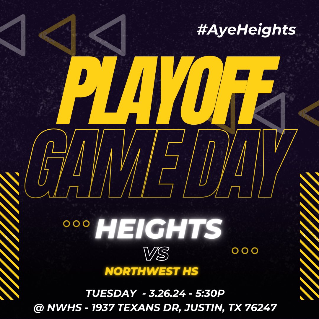 🗣️IT’S PLAYOFF TIME IN TEXAS🎉 Cheer on your Lady Yellow Jackets TUESDAY, 3/26/24 🆚 NWHS 📍 1937 Texans Dr., Justin, TX 76247 ⏰ 5:30p #AyeHeights #TuesdayNightLights⚽️ @LethalSoccer @PrepSoccer @dfwvarsity @DFW_Girls_HS_VS @50_50Pod @GMsportsmedia1