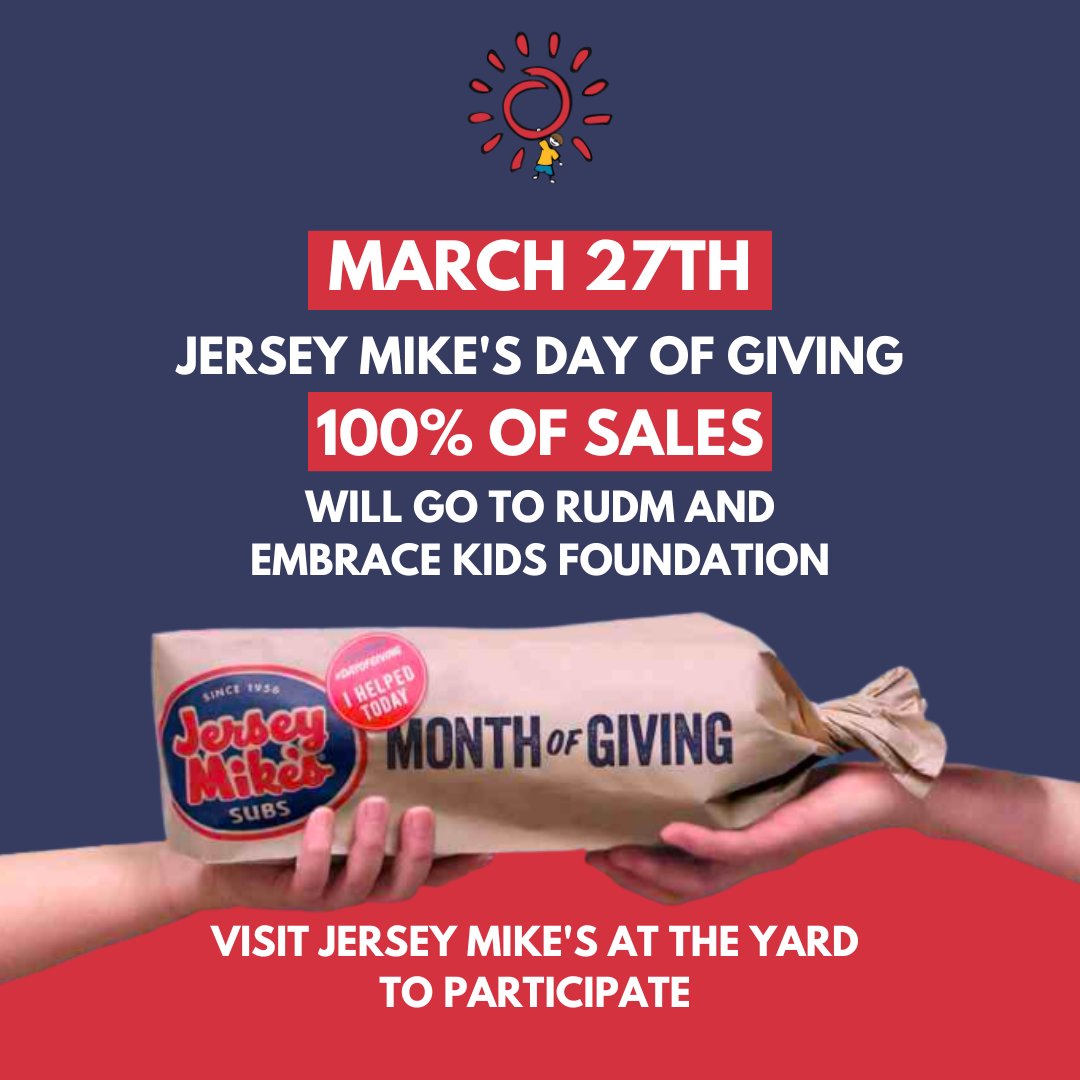 RU Dance Marathon (@rudancemarathon) on Twitter photo The <a href="/jerseymikes/">Jersey Mike's Subs</a> Day of Giving is this Wednesday, March 27th! Make sure to visit Jersey Mike's at the Yard and 100% of your profits will benefit <a href="/EmbraceKids/">EmbraceKids</a> and RUDM! The <a href="/jerseymikes/">Jersey Mike's Subs</a> Day of Giving is this Wednesday, March 27th! Make sure to visit Jersey Mike's at the Yard and 100% of your profits will benefit <a href="/EmbraceKids/">EmbraceKids</a> and RUDM!