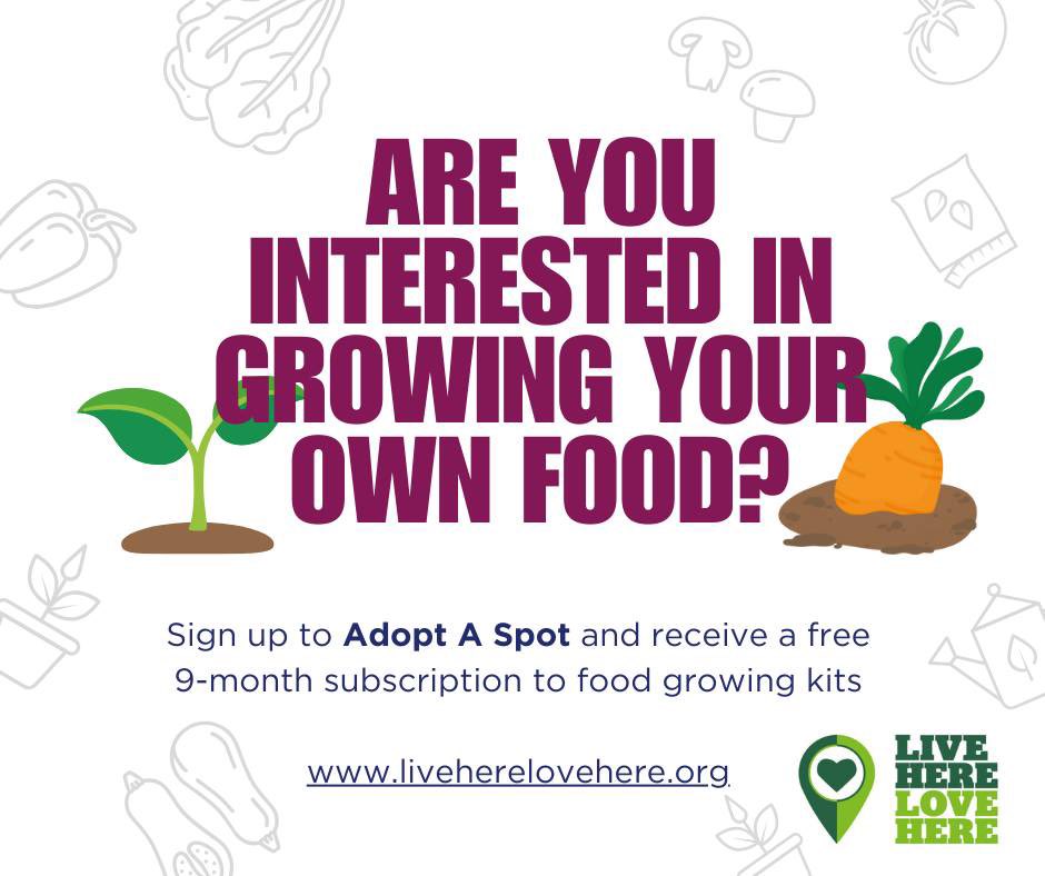 🌱Are you interested in food growing? 🥕We have a limited number of Grow Your Own kits to give away, to get you started this spring. 💚Simply register to Adopt a Spot and choose a growing kit as your preference; liveherelovehere.org/adoptaspot