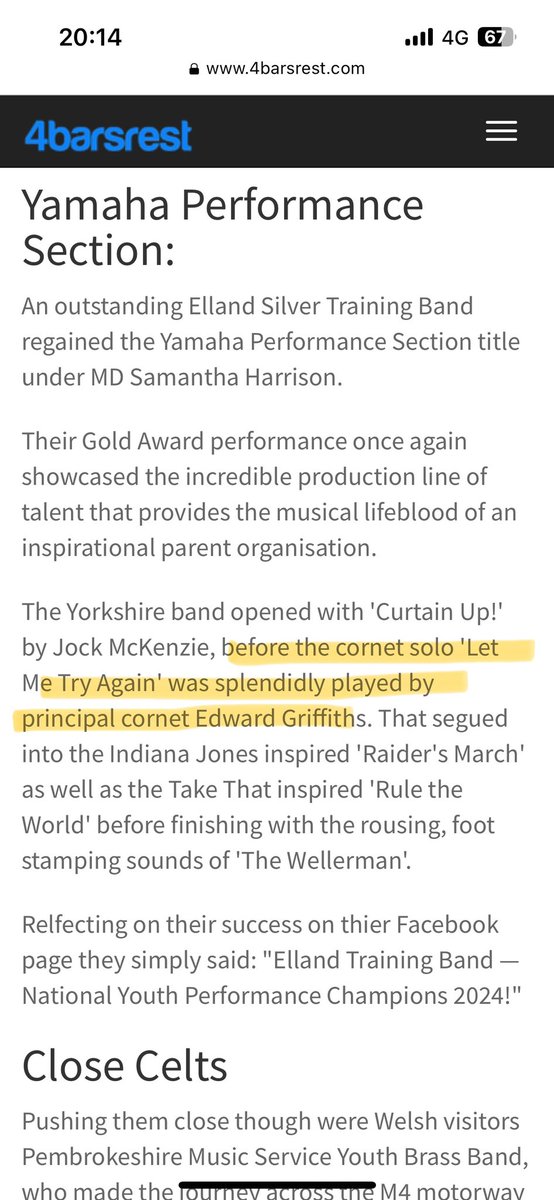 This weekend was the National Youth Championship of Great Britain, and our AMAZING year 7 corner player Edward played with his band, Elland Silver. We are so proud that he got this awesome mention in @4barsrest after Elland won their section. SO PROUD!!!
