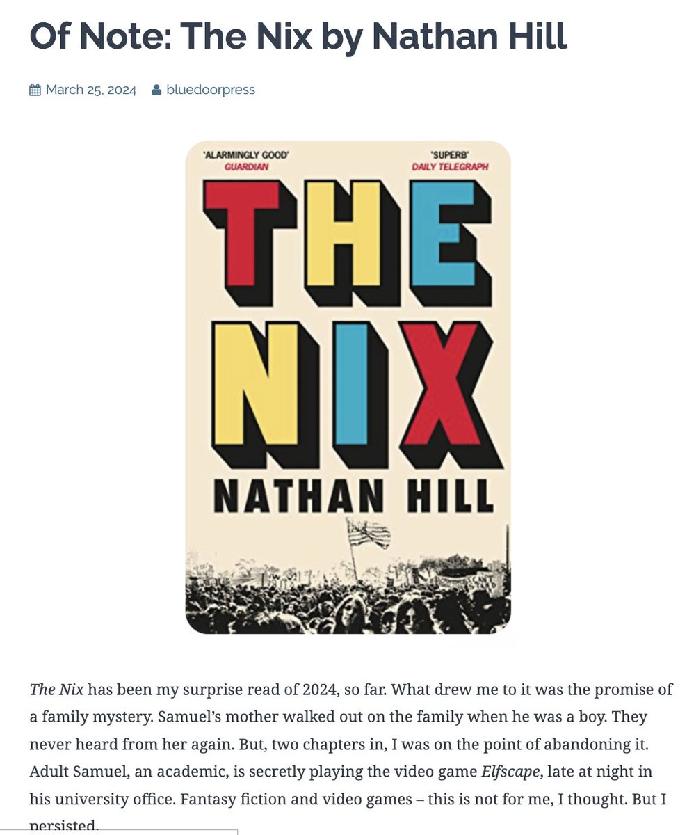 Blue Door Press (@bluedoorpress) on Twitter photo The latest in our new 'Of Note' series, in which <a href="/wordsunlimited/">Pam Johnson</a> recommends 'The Nix' and teases out some invaluable ideas about writing at the same time. bluedoorpress.co.uk/2024/03/25/of-… The latest in our new 'Of Note' series, in which <a href="/wordsunlimited/">Pam Johnson</a> recommends 'The Nix' and teases out some invaluable ideas about writing at the same time. bluedoorpress.co.uk/2024/03/25/of-…