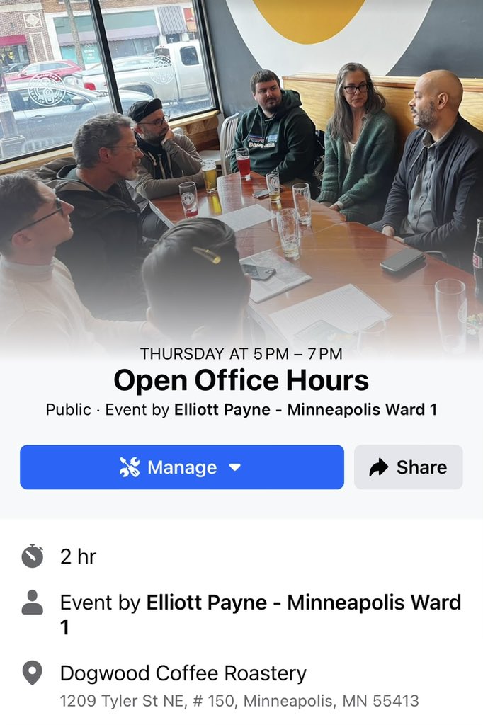 We also have office hours Thursday night at Dogwood! When: Thursday March 28th 5:00-7:00 PM Where: Dogwood Coffee NE 1209 Tyler St NE Details: facebook.com/share/qYJ7M2GM… Transit: Metro Transit Route 10 & Route 30