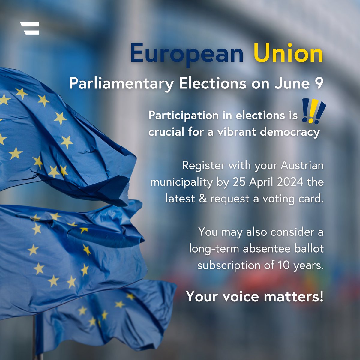 To all 🇪🇺&🇦🇹 citizens - register by April 25 to make use of your democratic right to vote and participate in the upcoming EU elections! Find more information on how to vote from abroad here: bmeia.gv.at/en/travel-stay… 🗳️ #useyourvote #EUelections