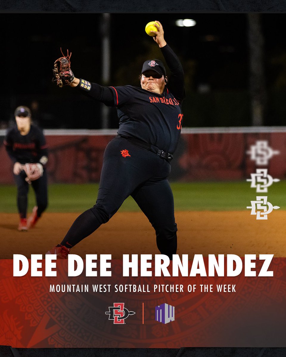 Congrats to Dee Dee Hernandez for being named the Mountain West Pitcher of the Week! Hernandez went 2-0 with a 0.00 ERA in 10 1/3 innings across three appearances (one start), giving up just five hits and two walks, while striking out four. bit.ly/3Vry1wC