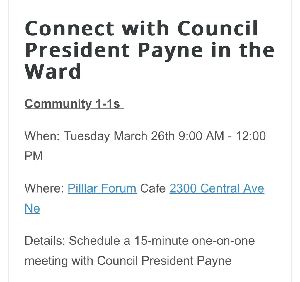 Looking forward to our community 1-1s and open office hours this week! We have community 1-1s tomorrow from 9AM-12PM at Pilllar where anyone in the Ward can sign up for a 15 minute slot to meet with me. Sign up here: bit.ly/3VxFie7