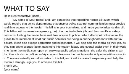 CALL TO ACTION: The IGA is considering HB 4339, which requires encrypted police traffic to be given to media in real-time!
If you enjoy our work and find it valuable, call/email/mail   these reps and let them know.
See below and share!
#ChicagoScanner #SuburbanScanner
