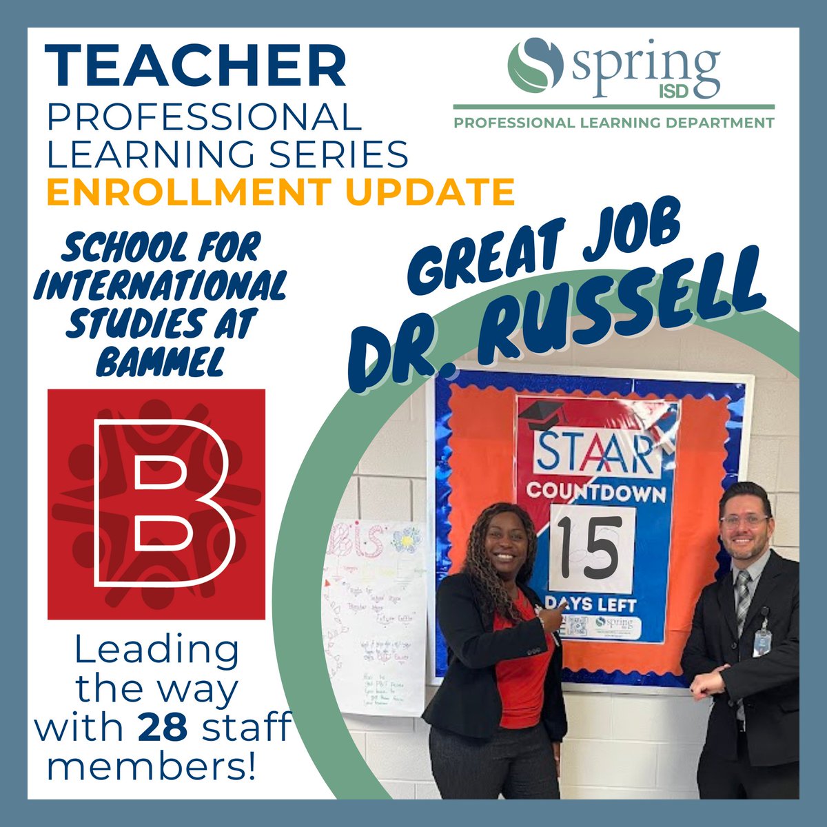 Big shout out to @SISBPatriots and @DrTrennRussell for the largest number of teachers enrolled in our upcoming event this Thursday. Follow their lead and use these effective and practical sessions to support your teachers and students on STAAR! #WeAreSpring #Unstoppable