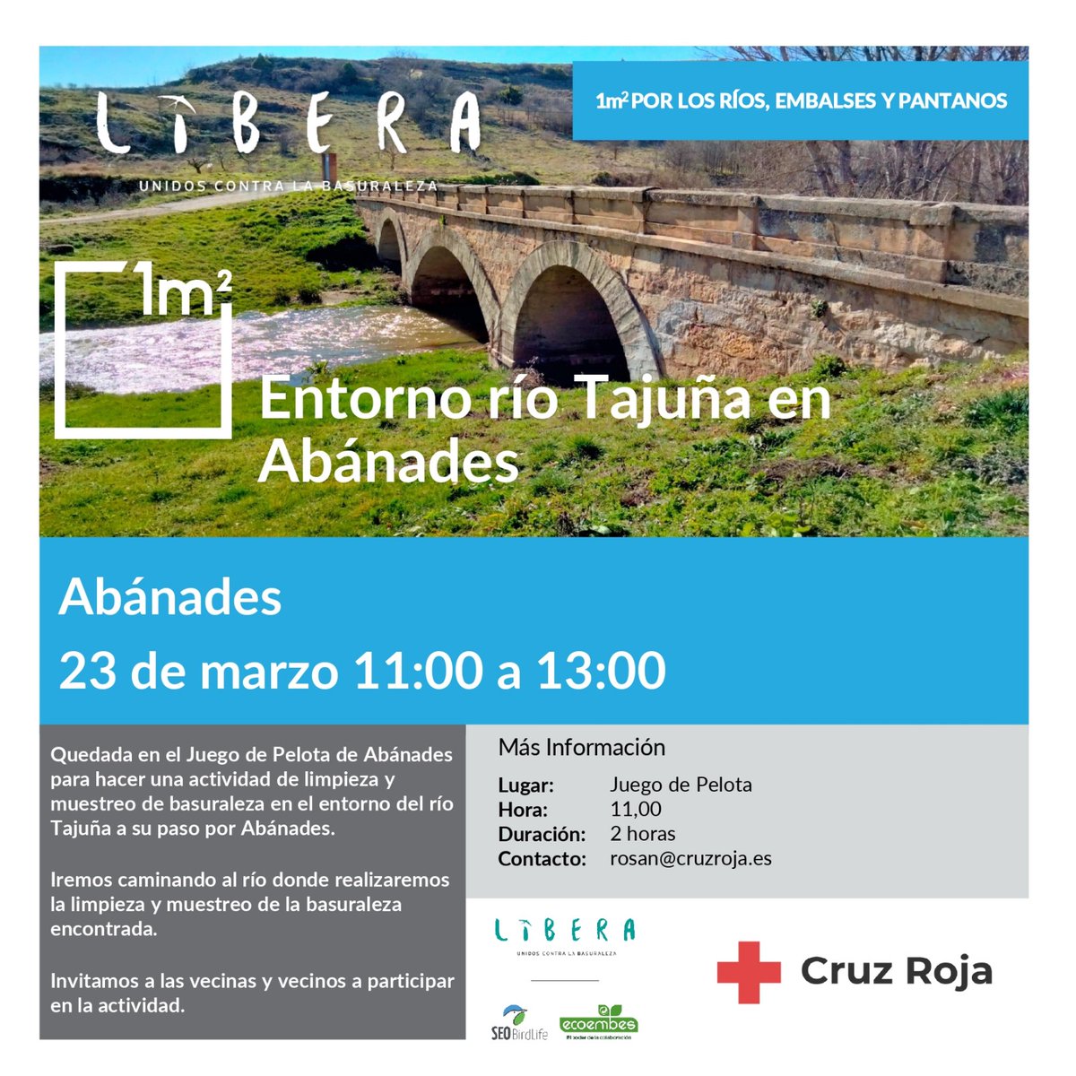 CruzRojaGuada's tweet image. El pasado 23 de marzo estuvimos en Abánades haciendo una actividad del Proyecto LIBERA, alianza ECOEMBES con SEO BIRDLIFE con la campaña #libera1m2 por los Ríos, donde haremos una recogida y muestreo de #basuraleza .

#proyectolibera