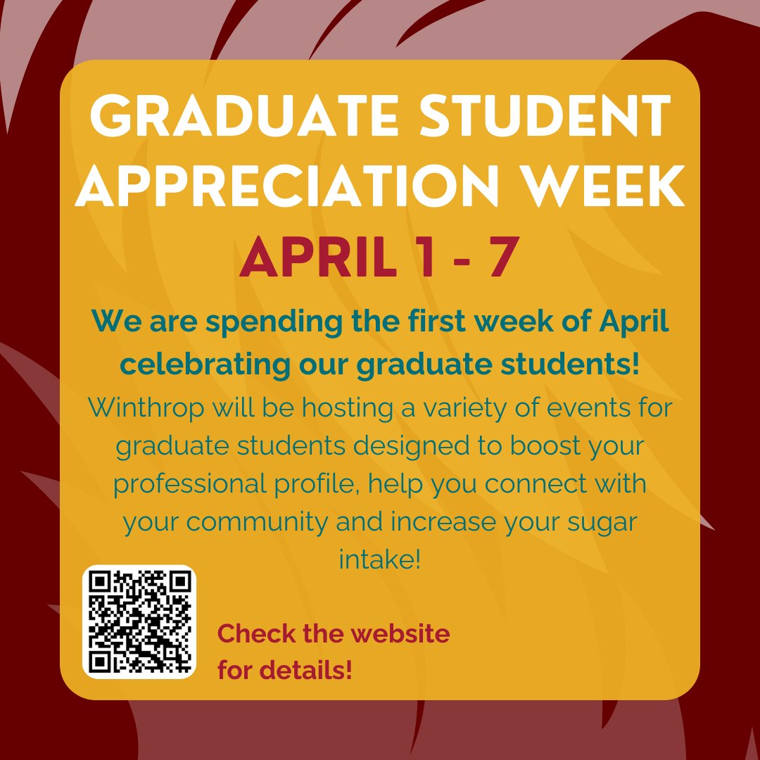 Next week is Graduate Student Appreciation Week! To show our appreciation for our students, we'll be hosting a variety of events including professional development opportunities, giveaways & local discounts! Get the details here: winthrop.edu/graduateschool…