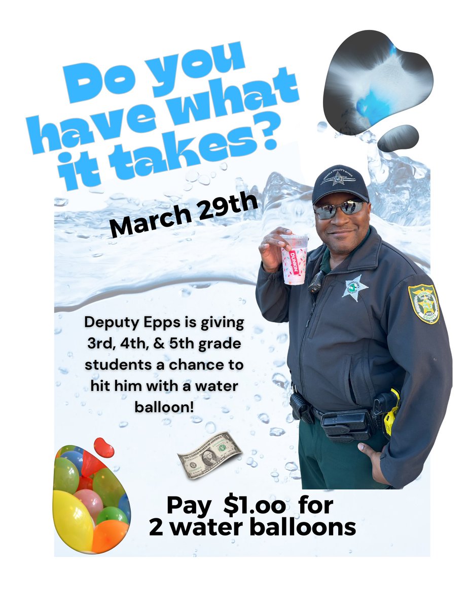 The Reedy Creek Safety Patrol is hosting a fundraiser this Friday, March 29th! Our very own Deputy Epps has volunteered to let our students hit him with water balloons! $1 for 2 balloons with a $2 max purchase.