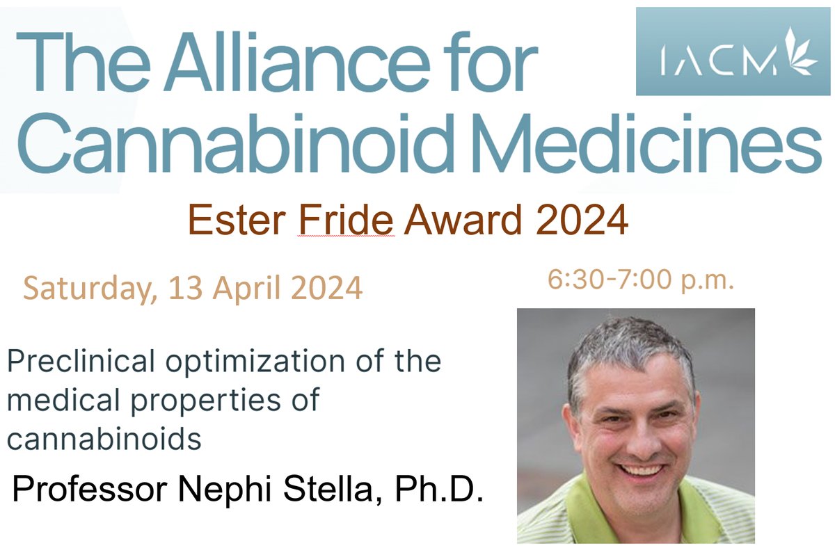 Extremely honored to receive the Ester Fride 2024 Award in Basic Research presented by IACM. Their meeting will be via zoom, and has a great series of talks. I will present 'Preclinical optimization of the medical properties of cannabinoids'. Register: cannabis-med.org