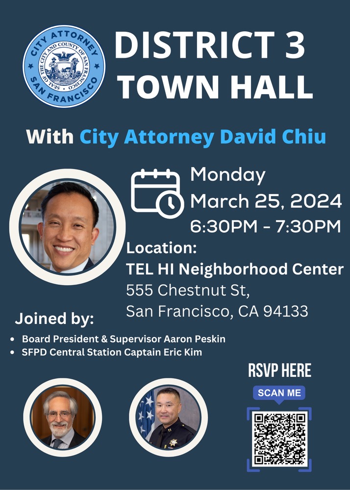 Please join me for a town hall this evening from 6:30-7:30pm at the TEL HI Neighborhood Center. Learn more about our office and receive district updates from District 3 Supervisor @AaronPeskin & @SFPDCentral. RSVP here: eventbrite.com/e/district-3-t…