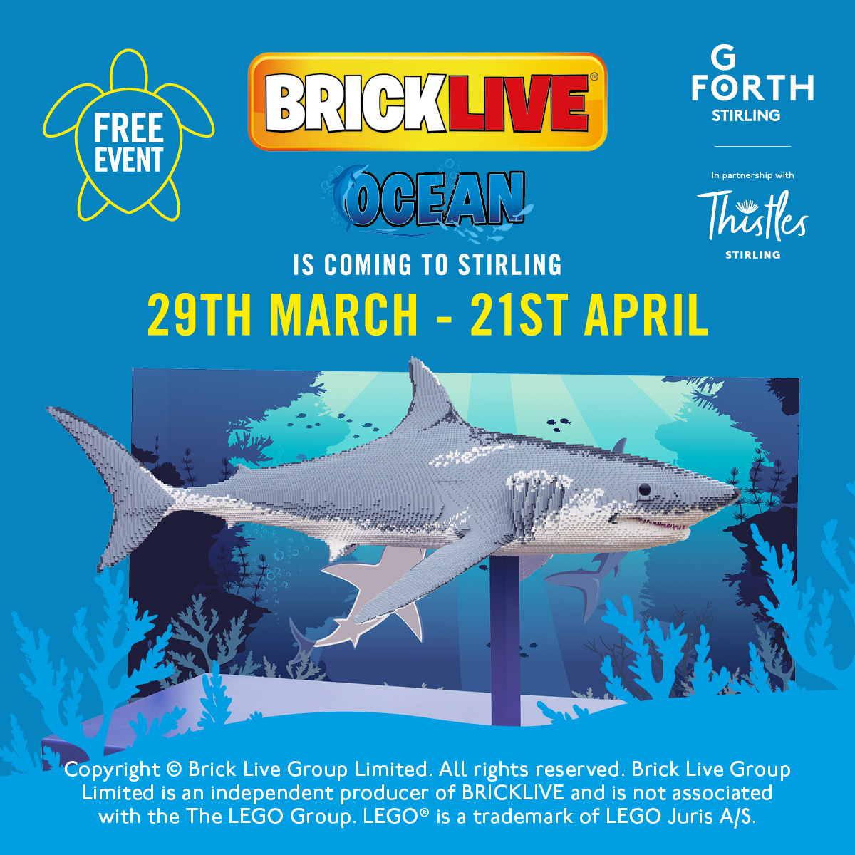 . @goforthstirling's BrickLive Ocean is arriving at Thistles this week! 🌊 From the 29th March - 21st April, discover 13 impressive life-sized brick models of sea creatures created from more than 300,000 toy bricks. 🐙🐢 More info 👉 goforthstirling.co.uk/bricklive/