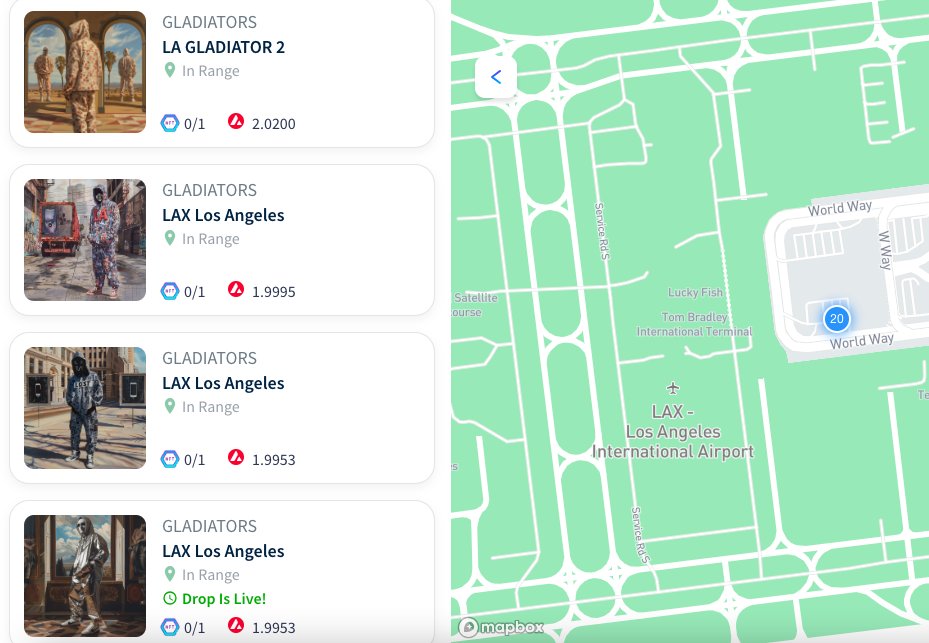 found on <a href="/lostworldsnft/">Lost Worlds - geoNFTs📍</a>📍 LAX Airport

L.A. Gladiators by @ArtwolfieN 
"First 5 to collect an OG Arena Gladiators + 1/1 in each of the first 4 cities will receive a 1 of a kind Gladiator hooded sweatsuit(sweatshirt/joggers) with kicks in their size &amp; mask."
Let the games begin!