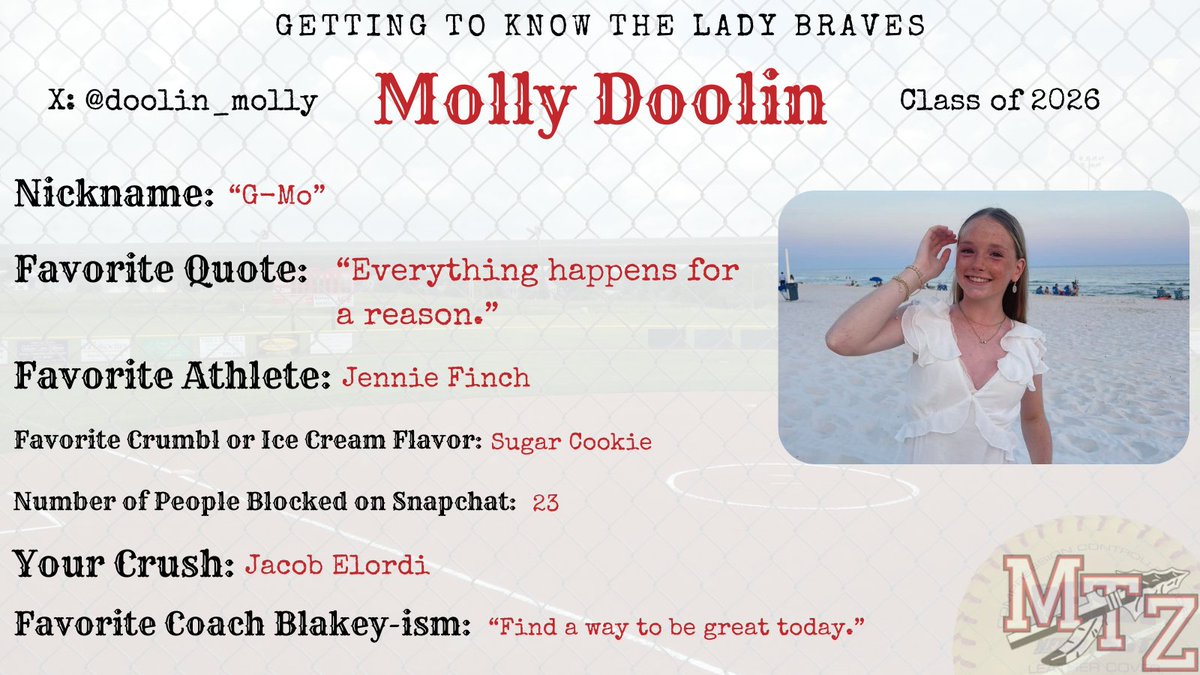 Next we have a speedster in @doolin_molly that roams the OF tracking down fly balls. She is also one of our slappers.

Don't let that radiant smile fool you, she will rip your heart out.