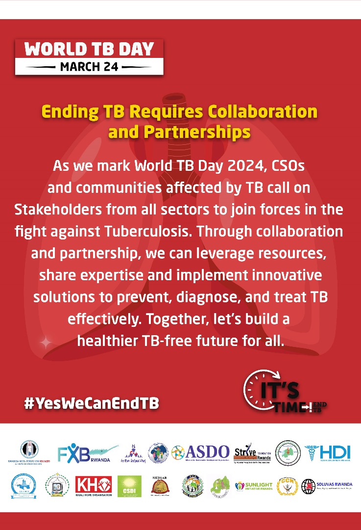 Let's unite to end TB, #YesWeCanEndTB #WorldTBDay2024 #LetCommunitiesLead #InvestInCommunities #CommunityLedMonitoring #UHC2030 
@Avega_Agahozo_  @ABA_Rwanda @ImroRwanda @HindHassan_ @CsdiCommunity