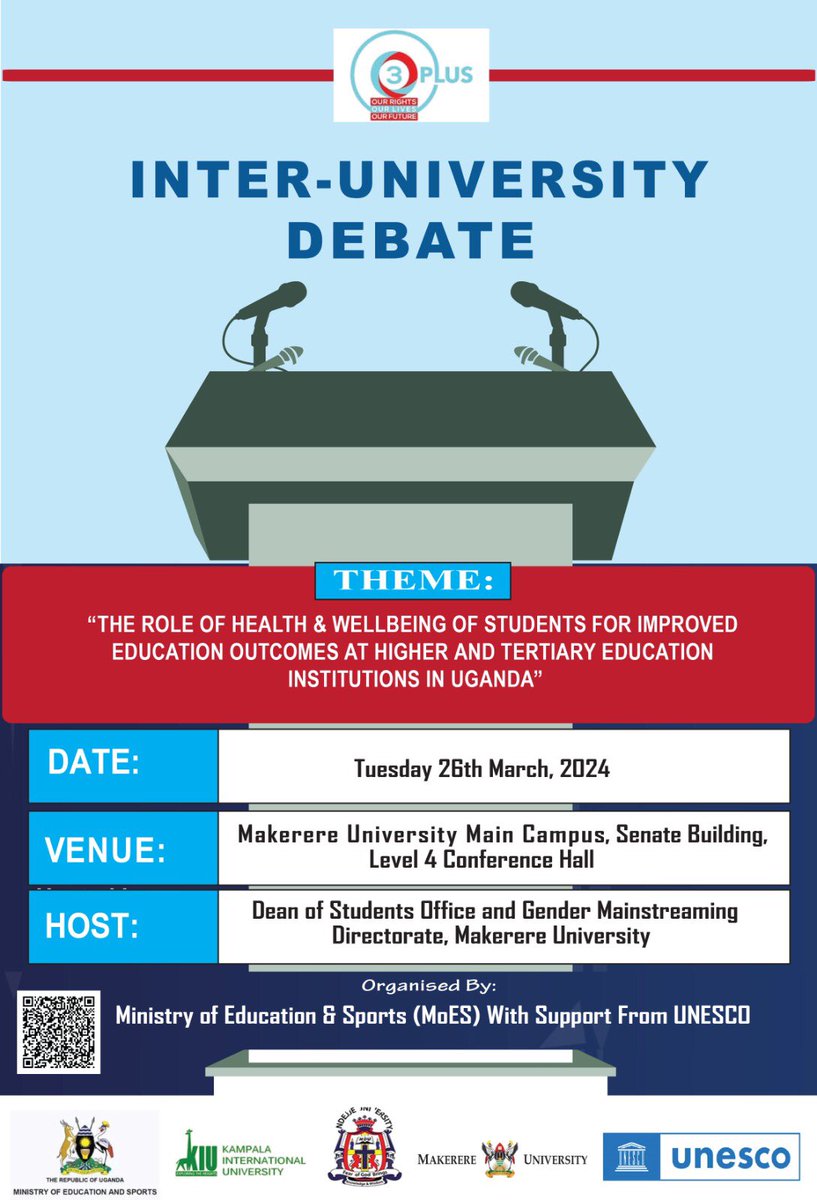 Join us tomorrow for the highly anticipated Inter-University Debate at @Makerere to witness a clash of intellects from 9am To 1pm. Be there and be part of the excitement! Tap The Link To Register - tinyurl.com/muyw23uz to also engage virtually.
 #INTERUNIVERSITYDEBATE