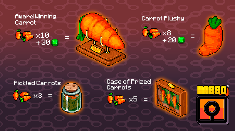 🥕 Spring Carrot Crafting event in Habbo X!

Between April 1st and 13th, the events team will be hosting a variety of games within #Habbo X 🙌

Win games of Spring Rush, Apple Catch and Market Mayhem to earn yourself Piles of Carrots, then claim the carrots and craft them into