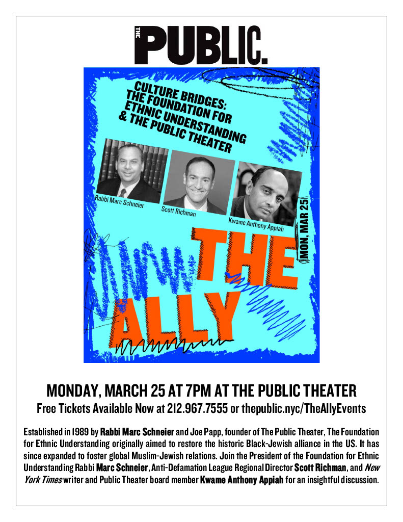 Join us this evening: Culture Bridges - FFEU and the @PublicTheaterNY. A conversation with FFEU President @RabbiMSchneier, @ADL_NYNJ Regional Director @scottarichman and @nytimes writer @KAnthonyAppiah Tickets available here: rb.gy/cdsmqp