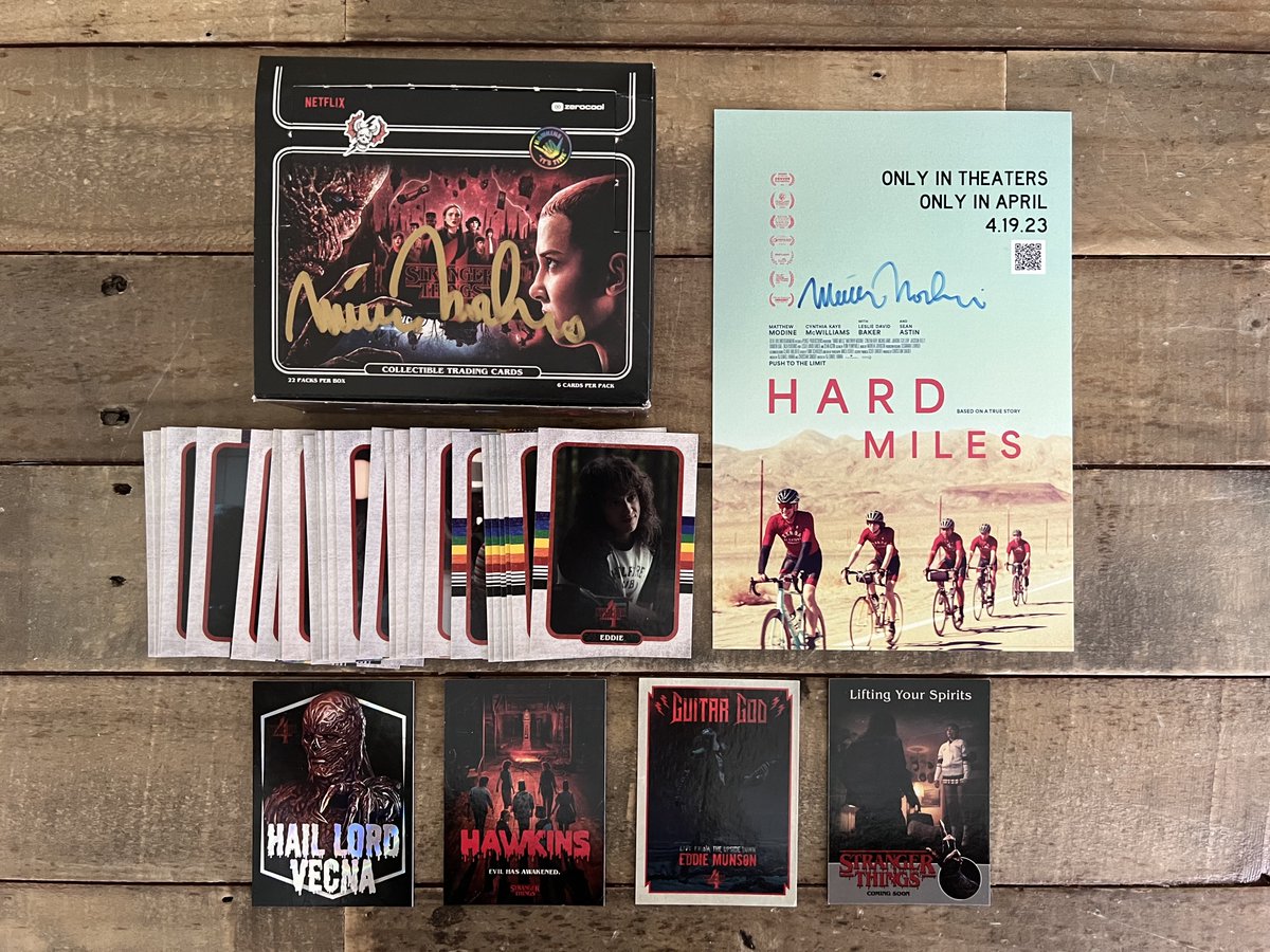 MatthewModine's tweet image. REPOST by Monday, April 1 for a chance to win the following:

1) These Stranger Things 4 trading cards + empty box autographed in gold Sharpie!

2) A signed flyer for my new movie, HARD MILES, opening 4/19. penseproductions.com/features/2023/…

Good luck! #ModineMonday #StrangerThings