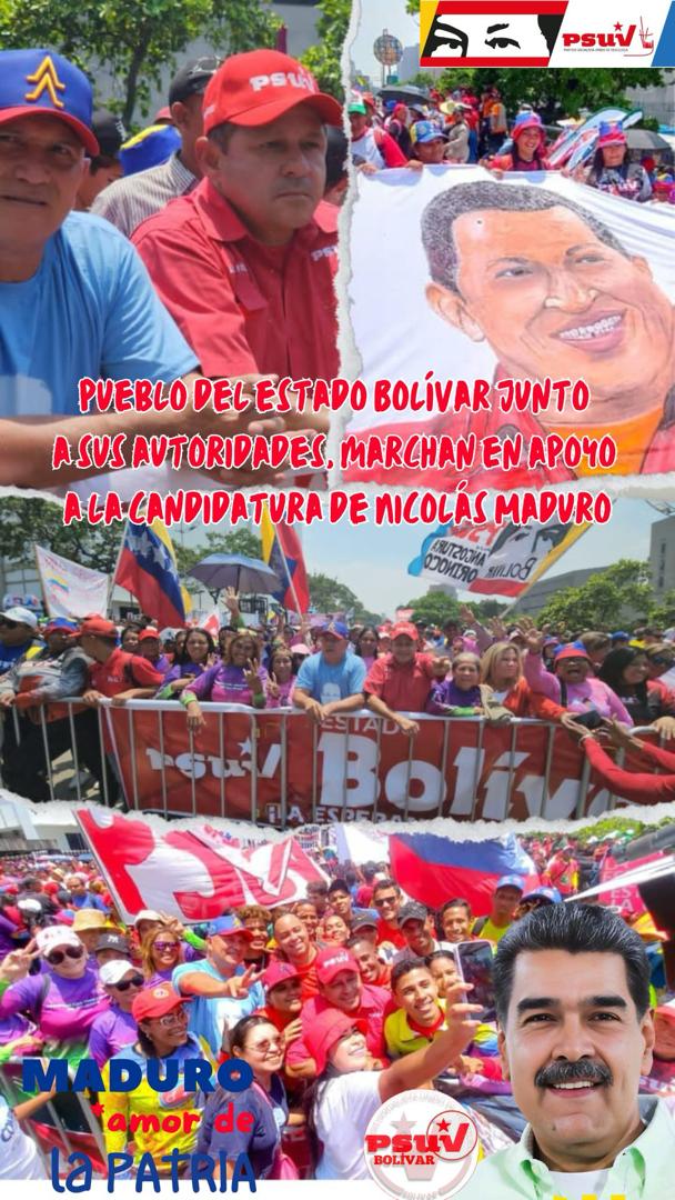 Pueblo del estado Bolívar junto a sus autoridades, marchan en apoyo a la candidatura de Nicolás Maduro Moros para las elecciones presidenciales del 28 de Julio 2024. #MaduroAmorDeLaPatria #MaduroGarantiaDePaz @PartidoPSUV @dcabellor @alexroca1 @comandosergioh @villapolpsuv…