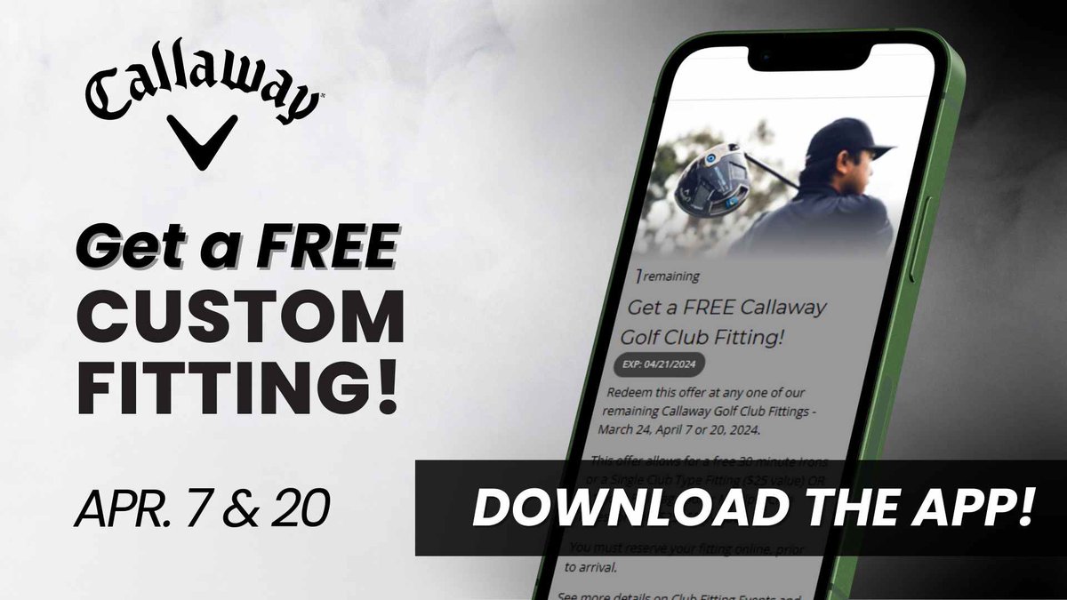 Download the Golfplay App and enjoy a free 30 minute Irons or a Single Club Type Fitting ($25 value) OR a 1 hour Full Bag and/or Multiple Club Types for only $25 ($50 Value) from <a href="/CallawayGolf/">Callaway Golf</a>!
Dates: April 7 &amp; 20, 2024
Download the app at manager.gallusgolf.com/DownloadApp/16…