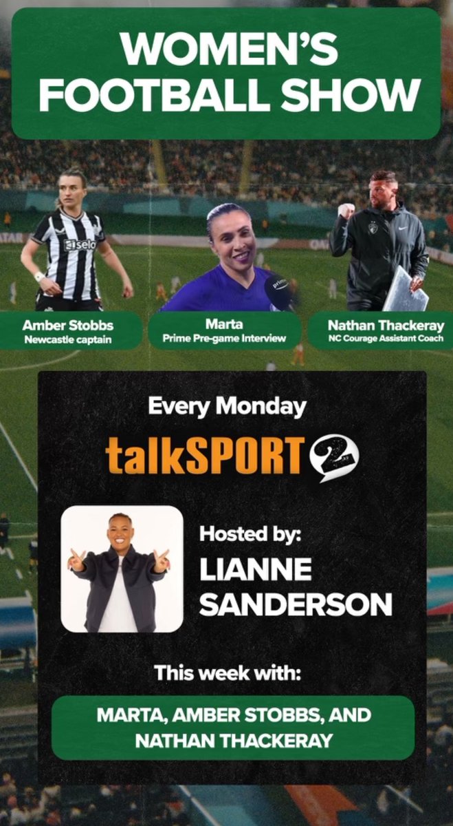 Happy Monday 🎙️ What a show we have for you the 🐐 MARTA Pre game with me on Friday night on Prime.  Current <a href="/TheNCCourage/">NC Courage</a> GK coach and Assistant <a href="/NathanThackeray/">Nathan Thackeray</a> and <a href="/NUFCWomen/">Newcastle United Women</a> captain <a href="/akstobbs/">Amber-Keegan Stobbs</a> check it out here ⬇️
open.spotify.com/episode/5TQrF8… #Talksport #NWSL #WSL #WFS
