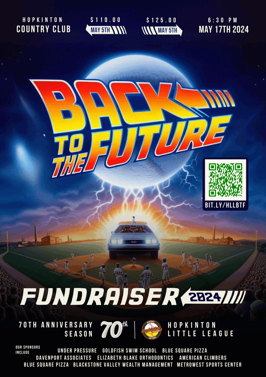 Great Scott! Our Annual Fundraiser is May 17th at the Hopkinton Country Club with a Totally 80's theme! 📷
Get tickets early and save big at bit.ly/HLLBTF  
Not quite sure yet? Download the flyer: bit.ly/HLLFlyer 
#HopkintonLittleLeague #Fundraiser #TimeToParty
