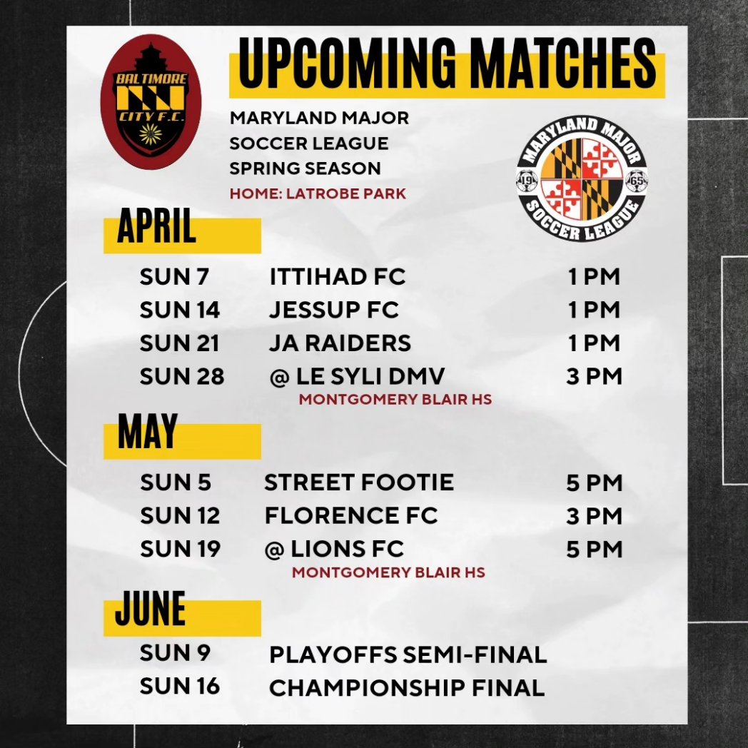 Spring 2024 fixtures. Baltimore City vs Anyone. Our inaugural @EPSLsoccer / @TheNISANation season. We also go again in the @MarylandMajors Keep an eye out for home gameday details. Get involved! #soccerbaltimore #baltimoresports #baltimoresoccer #epsl #bcfc23