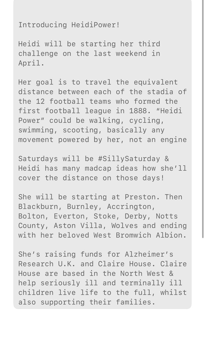 Here’s the info about Heidi’s third challenge! The link is attached too should you wish to donate before she’s even started! @AlzResearchUK @ClaireHouse justgiving.com/team/heidipower