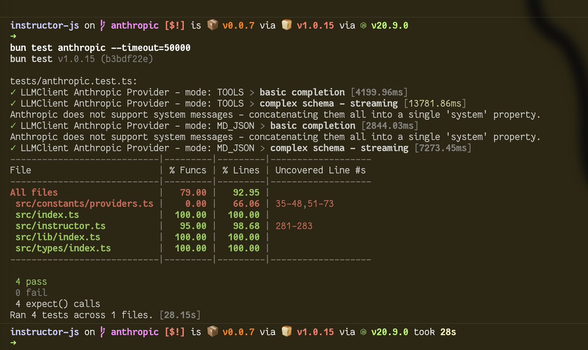Cut a full release of the llm-polyglot lib today, currently version@0.0.3, all tests passing, including Anthropic function calls, streaming, super nested schema objects/arrays/etc. - Instructor PR is now ready - I will cut the v1 release tonight (!) with better type support for