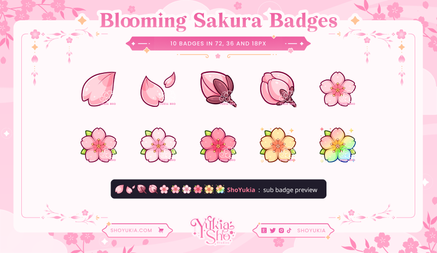 ・₊˚﹒ blooming sakura badges ﹒˚₊・ ✦ 10 badges in 72, 36, 18px ✦ for twitch, youtube, or discord ✦ comes in blue, gold, green, pink or purple really sad I'll be missing sakura season in japan 😭 🌸 ✧️ links in bio