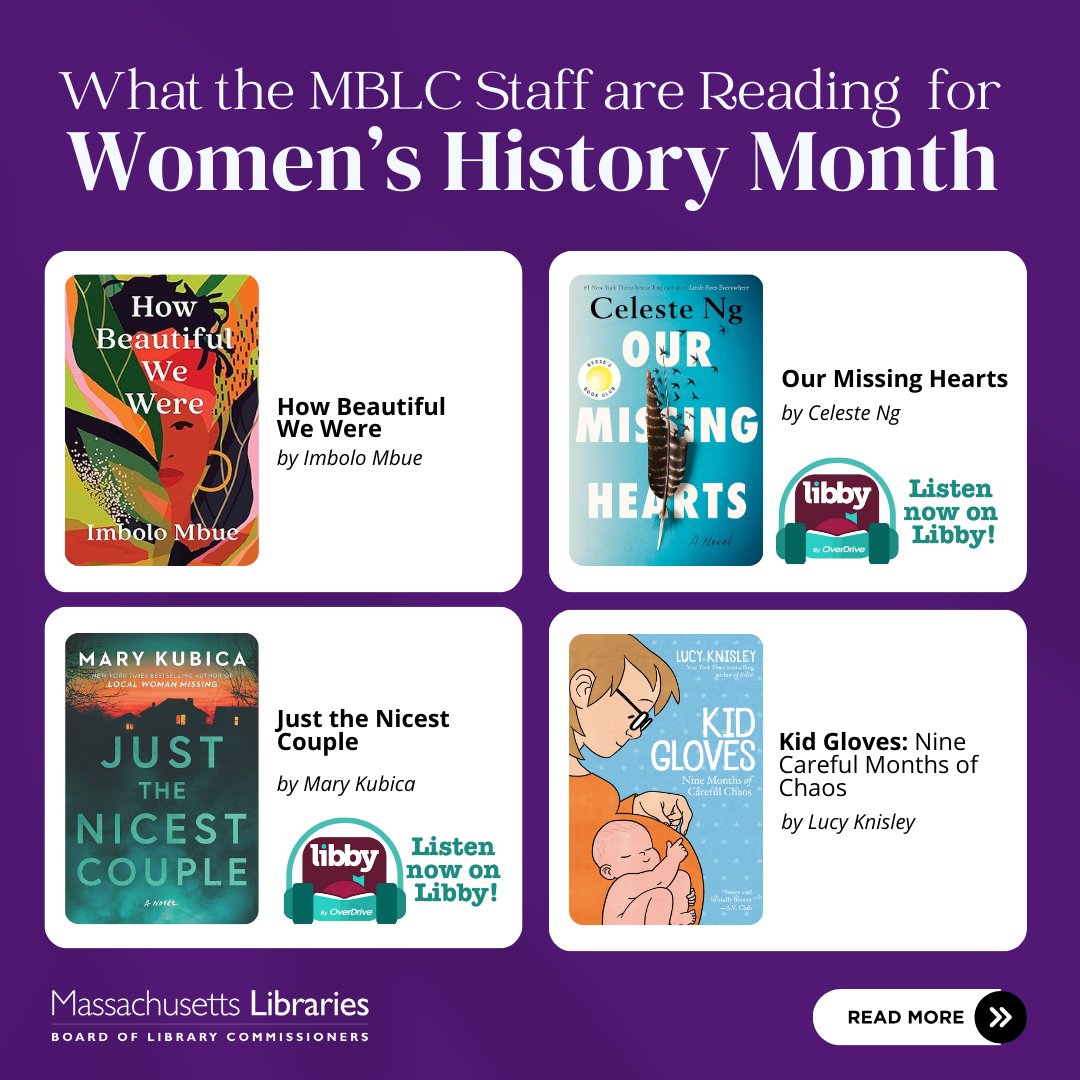 💜💚🤍 It's #WomensHistoryMonth and we're featuring some MBLC Staff Reads honoring and celebrating #greatreads #writtenbywomen this month. You can check out these books too with a library eCard: 🔗 libraries.state.ma.us/books-and-eboo….