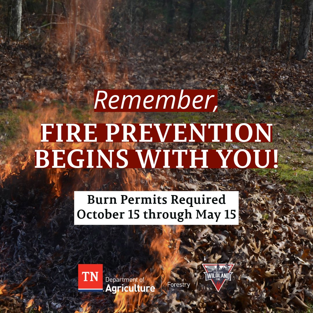 To reduce wildland fire risk, Tennesseans are reminded that a burn permit from TDA Forestry Division is required through May 15 for all open burning where local restrictions do not apply. Burn permits are free and can be obtained online or via app. tn.gov/agriculture/ne…