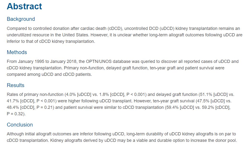 In collaboration with @CU_Transplant, @Armaun_Rouhi & @DumonKristoffel published an OPTN/UNOS analysis of DCD kidney transplantation in @AmJSurgery.

americanjournalofsurgery.com/article/S0002-…