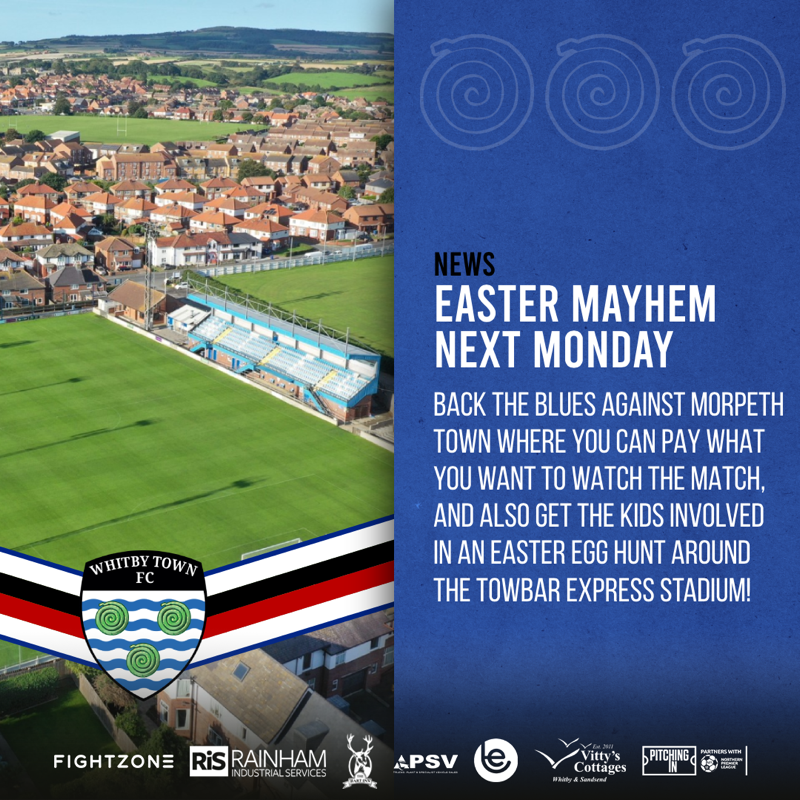 WhitbyTownFC's tweet photo. On Easter Monday we host @MorpethTownAFC for our annual Pay What You Want Day! 😁

There'll be fun for all the family with an Easter Egg hunt, plus more surprises 👀