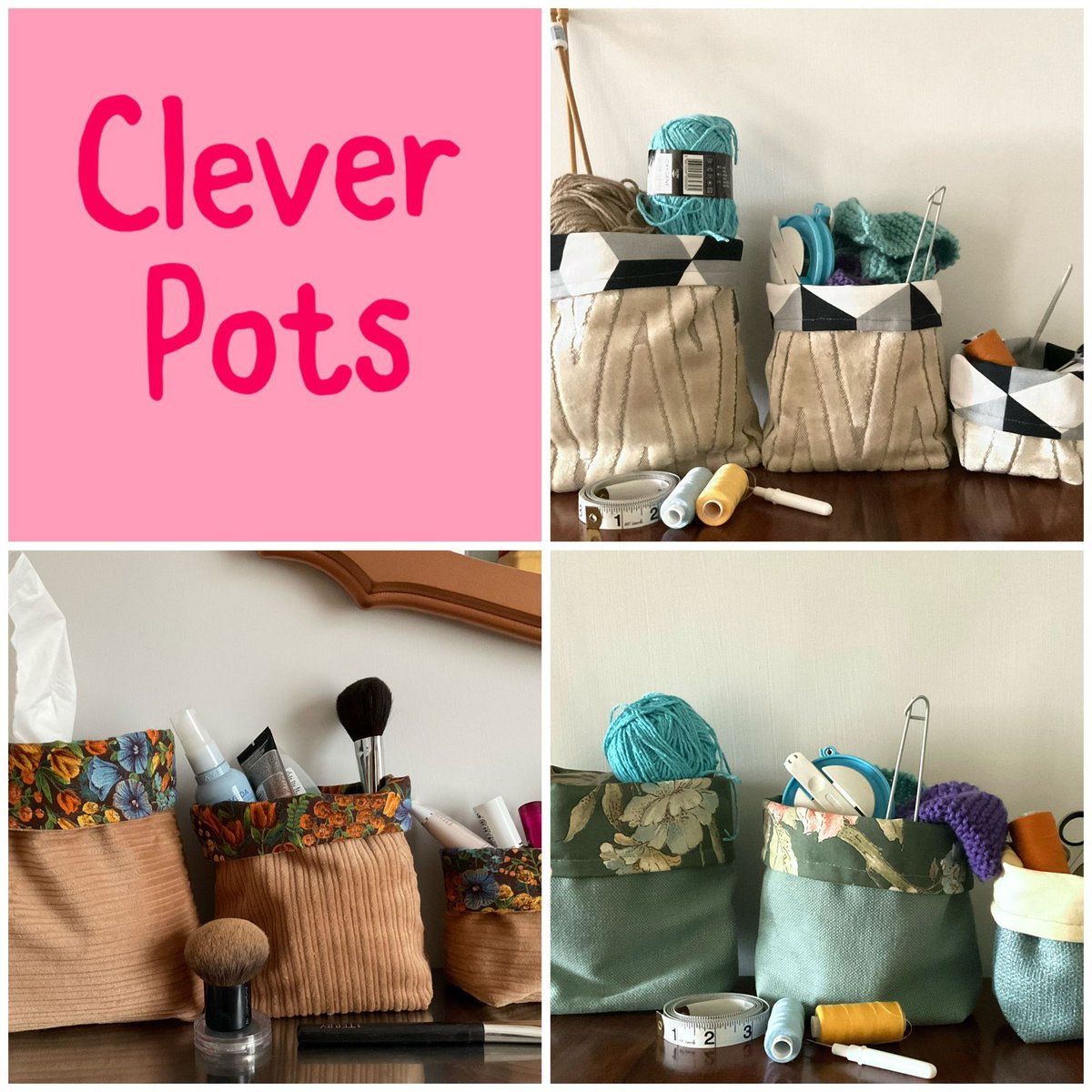 My Clever Pots - the perfect & pretty storage option. Ideal for cosmetics, craft zone, nursery or pet products tidying. Made from recycled upholstery fabric offcuts. #CreativeBizHr #EthicalHour #MHHSBD buff.ly/2F1nKi1