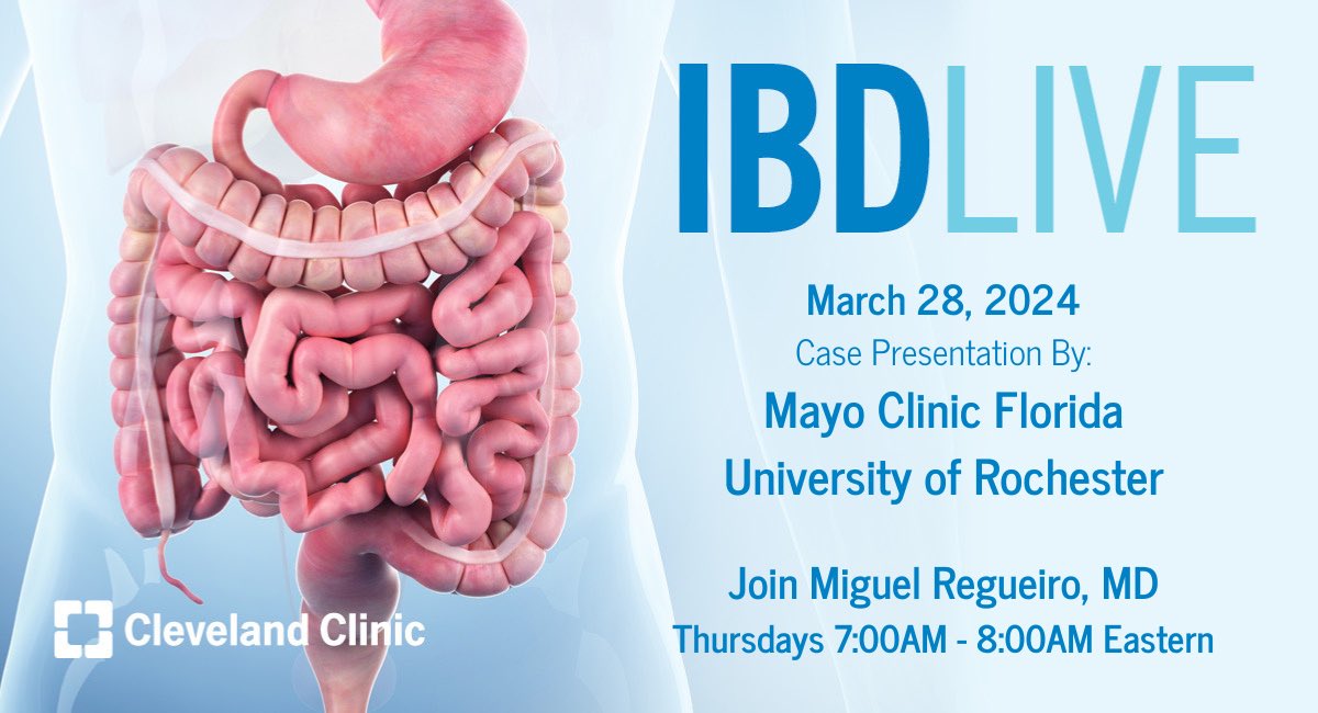 Tune in to @CleClinicMD #IBDLIVE @ibdlive Thursdays at 7 AM ET to discuss cases from IBD Centers around the world with @MRegueiroMD. Connect with colleagues while earning CME credit – eligible for ABIM, ABS, ABP MOC points. Register at bit.ly/IBDLiveReg