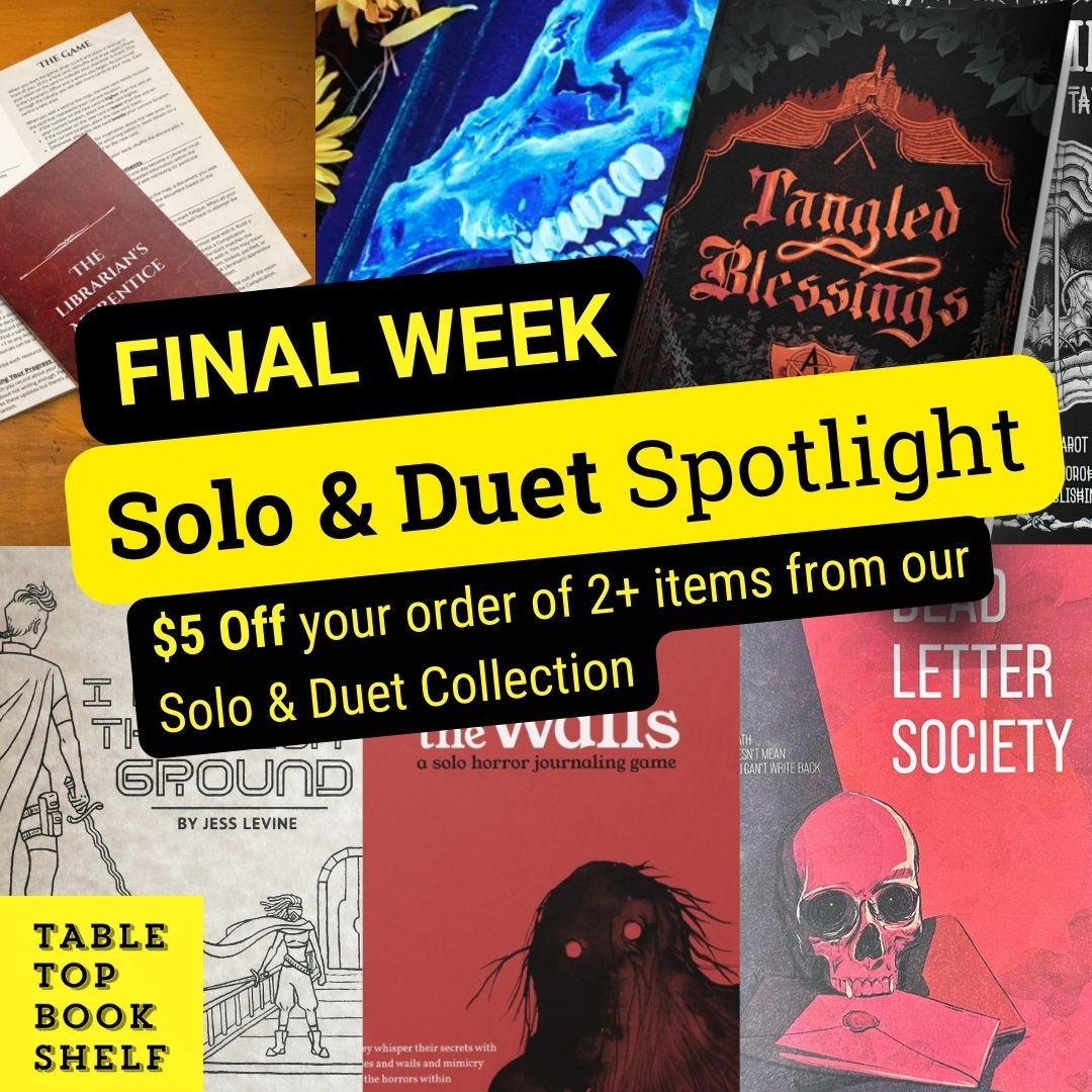 tabletopbooks's tweet photo. Final week of our Solo & Duet Spotlight!
Get $5 off when you get any 2 books, zines or card sets from our Solo & Duet collection
https://t.co/GPcMhxRNtM
#ttrpg #solorpg #zinequest https://t.co/DMfmzfLmzM