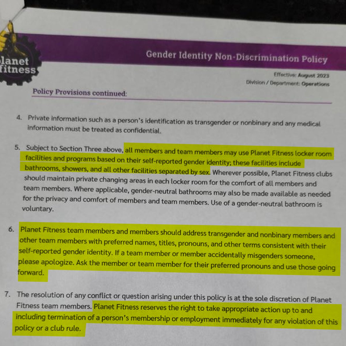 SCOOP: A source in Planet Fitness tells us he was unexpectedly asked to sign a document last week when he showed up to work one day. The document instructs employees to let people use any facility based on a person's self-reported gender identity. It also makes employees pledge